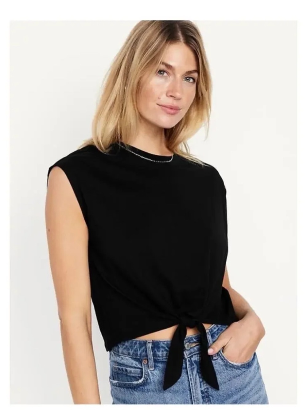 OLD NAVY - Women's Everywear Tie Front Cap Sleeve Top - Black - Size Medium